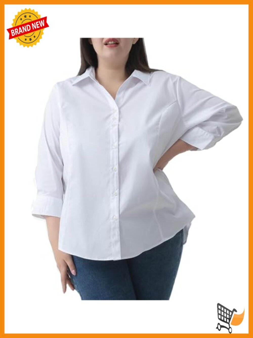Plus Size Button Down Shirt 3/4 Sleeve V Neck Stretch Blouse Business Casual